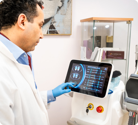 Este es una foto del Dr. Hamidreza Eskandari utilizando los equipos de tratamiento en Golden Aesthetic